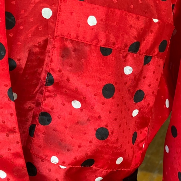 Red black-and-white silky button-down 90's top. - Picture 3 of 11